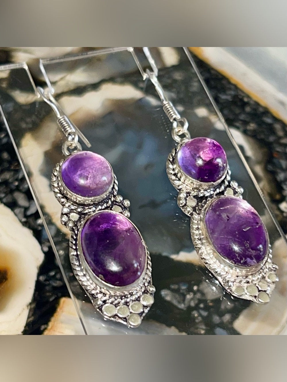 Polished Purple Amethyst Crystal Earrings 2 1/4”